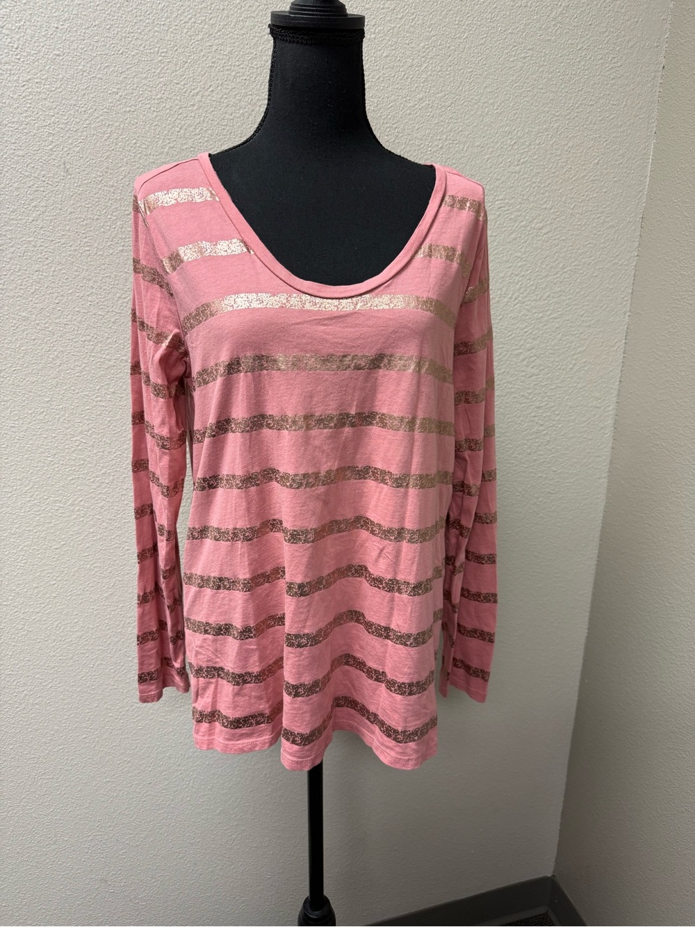 LOFT Outlet Pink Gold Stripe Long Sleeve Tee Casual Shimmer Top Large